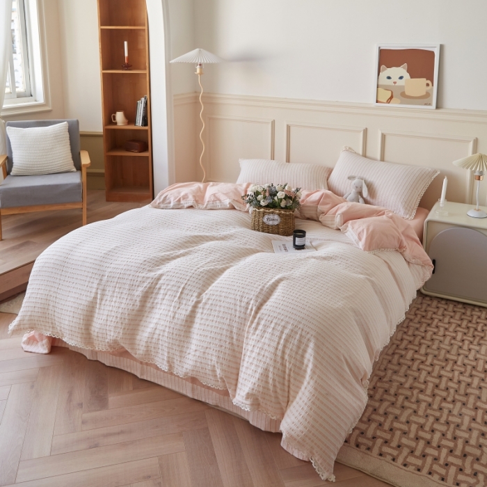 91家纺网 家纺一手货源 找家纺 安莱 2023新款韩式小清新色织水洗棉提花花边四件套 锦瑟 粉