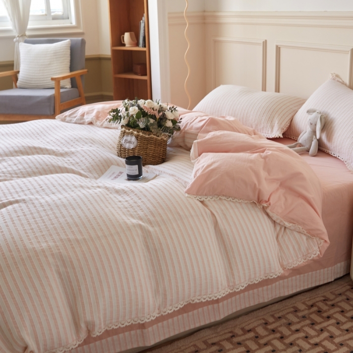 91家纺网 家纺一手货源 找家纺 安莱 2023新款韩式小清新色织水洗棉提花花边四件套 锦瑟 粉