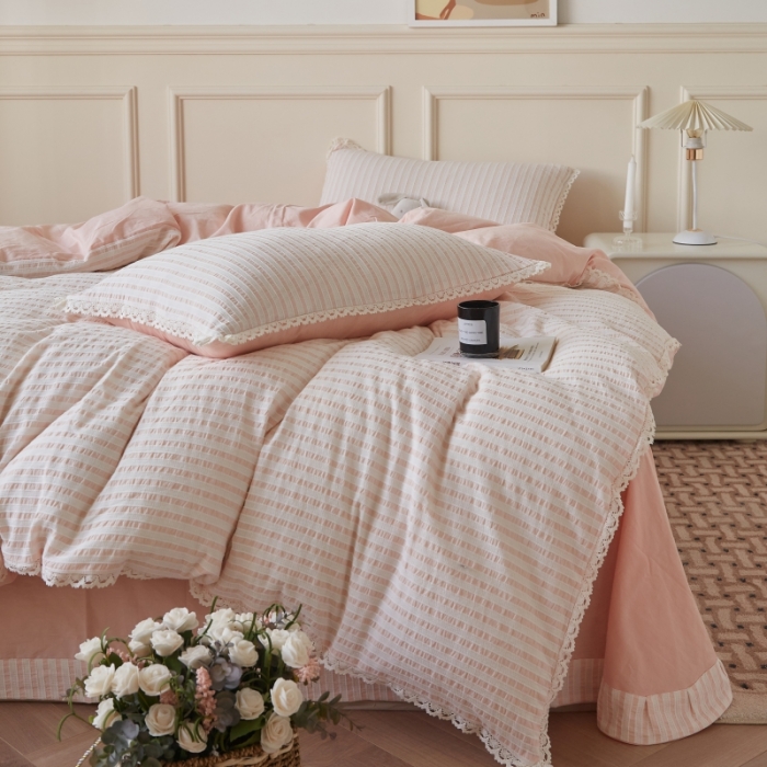 91家纺网 家纺一手货源 找家纺 安莱 2023新款韩式小清新色织水洗棉提花花边四件套 锦瑟 粉