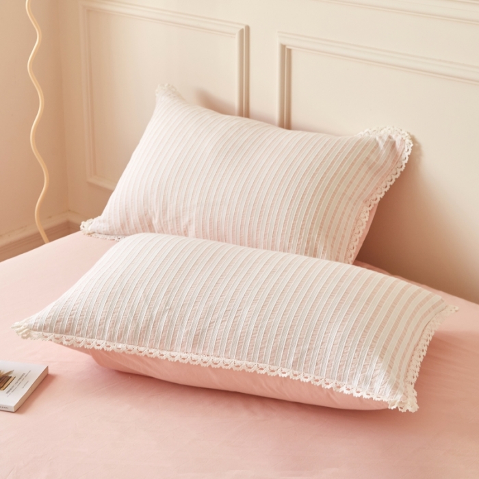 91家纺网 家纺一手货源 找家纺 安莱 2023新款韩式小清新色织水洗棉提花花边四件套 锦瑟 粉