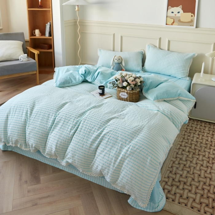 91家纺网 家纺一手货源 找家纺 安莱 2023新款韩式小清新色织水洗棉提花花边四件套 锦瑟 蓝