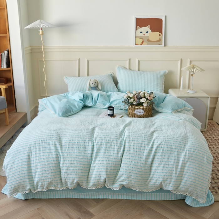 91家纺网 家纺一手货源 找家纺 安莱 2023新款韩式小清新色织水洗棉提花花边四件套 锦瑟 蓝