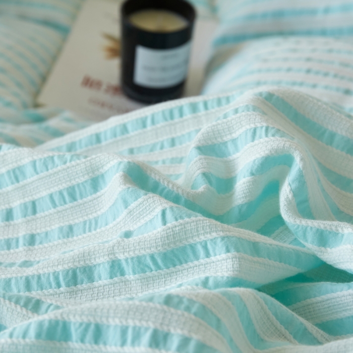 91家纺网 家纺一手货源 找家纺 安莱 2023新款韩式小清新色织水洗棉提花花边四件套 锦瑟 蓝