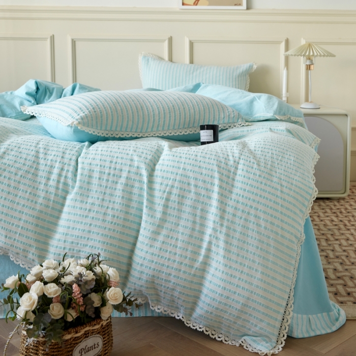 91家纺网 家纺一手货源 找家纺 安莱 2023新款韩式小清新色织水洗棉提花花边四件套 锦瑟 蓝