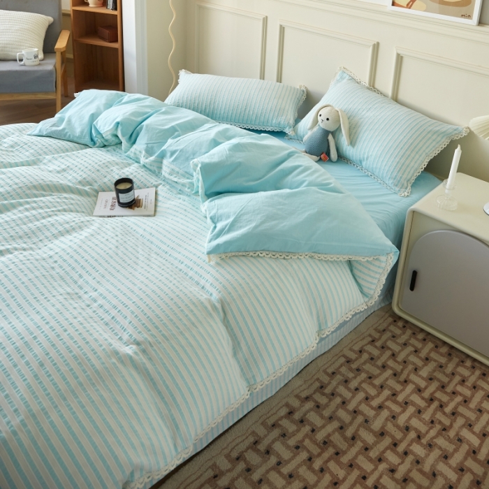 91家纺网 家纺一手货源 找家纺 安莱 2023新款韩式小清新色织水洗棉提花花边四件套 锦瑟 蓝