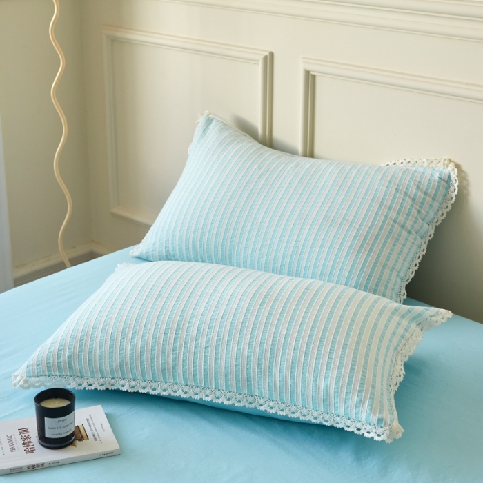 91家纺网 家纺一手货源 找家纺 安莱 2023新款韩式小清新色织水洗棉提花花边四件套 锦瑟 蓝