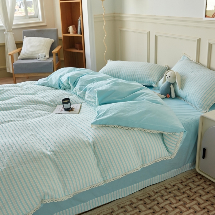 91家纺网 家纺一手货源 找家纺 安莱 2023新款韩式小清新色织水洗棉提花花边四件套 锦瑟 蓝