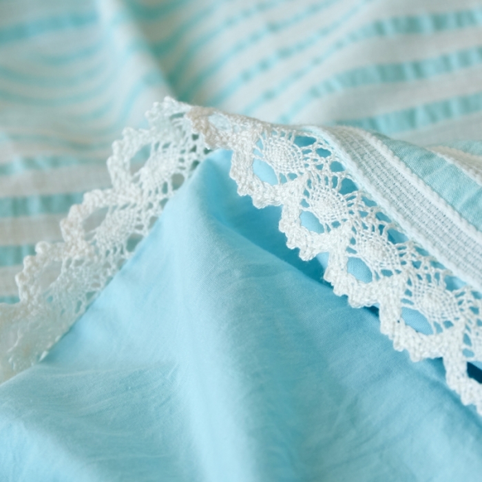 91家纺网 家纺一手货源 找家纺 安莱 2023新款韩式小清新色织水洗棉提花花边四件套 锦瑟 蓝