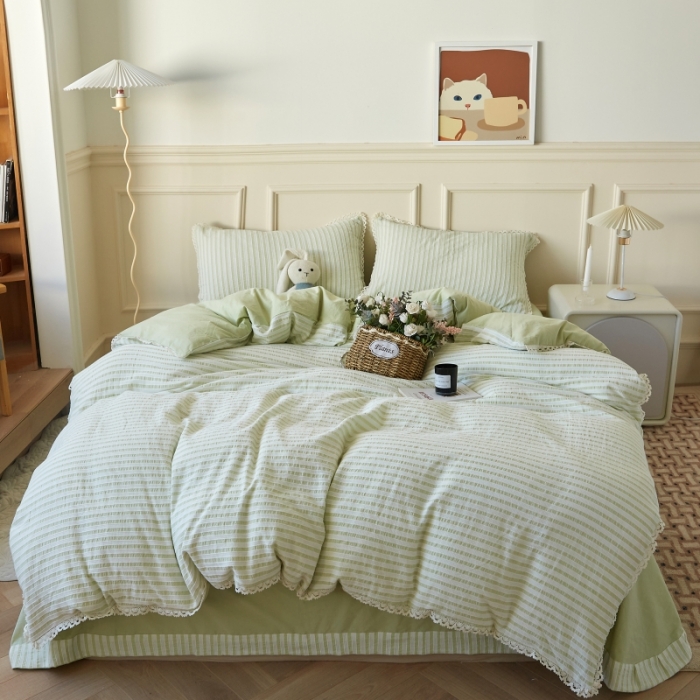 91家纺网 家纺一手货源 找家纺 安莱 2023新款韩式小清新色织水洗棉提花花边四件套 锦瑟 绿