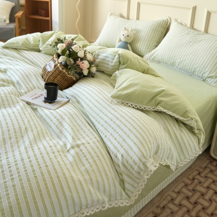 91家纺网 家纺一手货源 找家纺 安莱 2023新款韩式小清新色织水洗棉提花花边四件套 锦瑟 绿