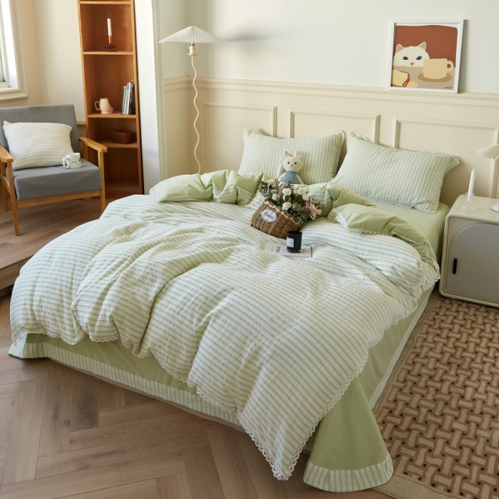 91家纺网 家纺一手货源 找家纺 安莱 2023新款韩式小清新色织水洗棉提花花边四件套 锦瑟 绿