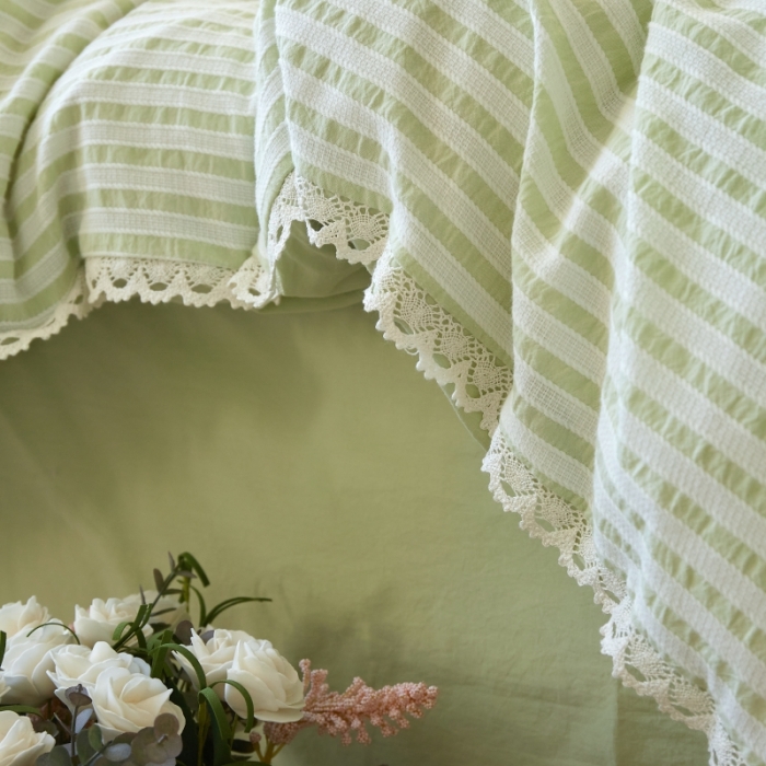 91家纺网 家纺一手货源 找家纺 安莱 2023新款韩式小清新色织水洗棉提花花边四件套 锦瑟 绿