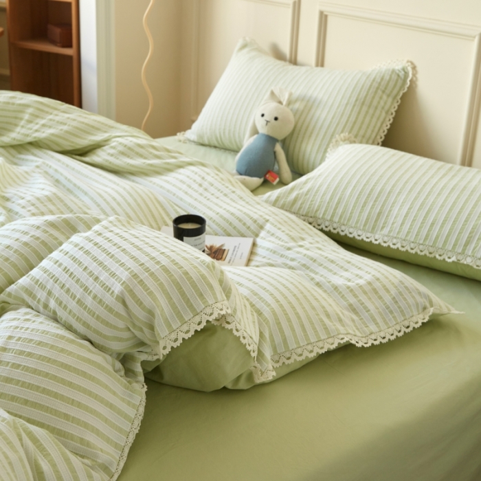 91家纺网 家纺一手货源 找家纺 安莱 2023新款韩式小清新色织水洗棉提花花边四件套 锦瑟 绿