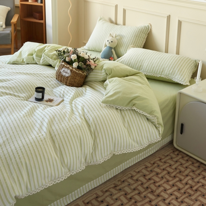 91家纺网 家纺一手货源 找家纺 安莱 2023新款韩式小清新色织水洗棉提花花边四件套 锦瑟 绿