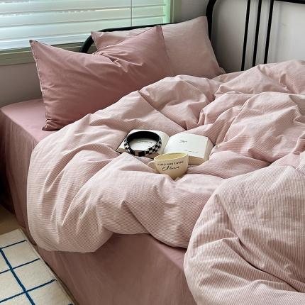 91家纺网 家纺一手货源 找家纺 希文2023新款40s全棉色织水洗棉四件套 极细条纹-豆沙（枕套混搭）