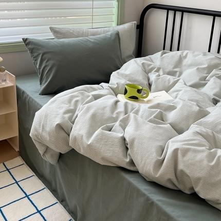 91家纺网 家纺一手货源 找家纺 希文 2023新款40s全棉色织水洗棉四件套 极细条纹-绿（枕套混搭）