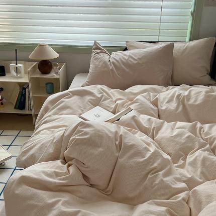 91家纺网 家纺一手货源 找家纺 希文2023新款40s全棉色织水洗棉四件套 极细条纹-米色（枕套混搭）