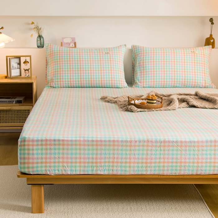 91家纺网 家纺一手货源 找家纺 柠萌家居 2023新款全棉色织水洗棉单床笠 冰激凌格