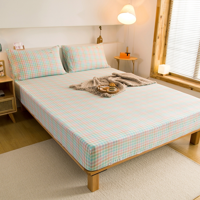 91家纺网 家纺一手货源 找家纺 柠萌家居 2023新款全棉色织水洗棉单床笠 冰激凌格