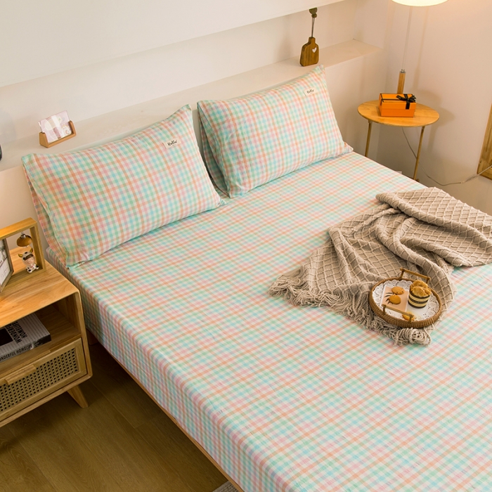 91家纺网 家纺一手货源 找家纺 柠萌家居 2023新款全棉色织水洗棉单床笠 冰激凌格