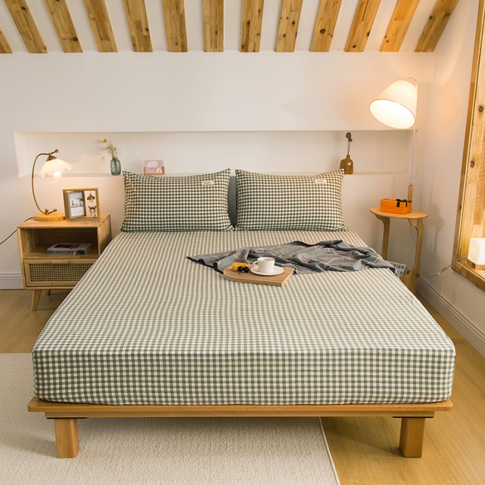 91家纺网 家纺一手货源 找家纺 柠萌家居 2023新款全棉色织水洗棉单床笠 草绿小格