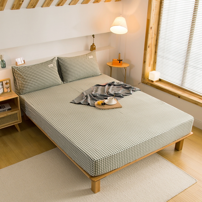 91家纺网 家纺一手货源 找家纺 柠萌家居 2023新款全棉色织水洗棉单床笠 草绿小格