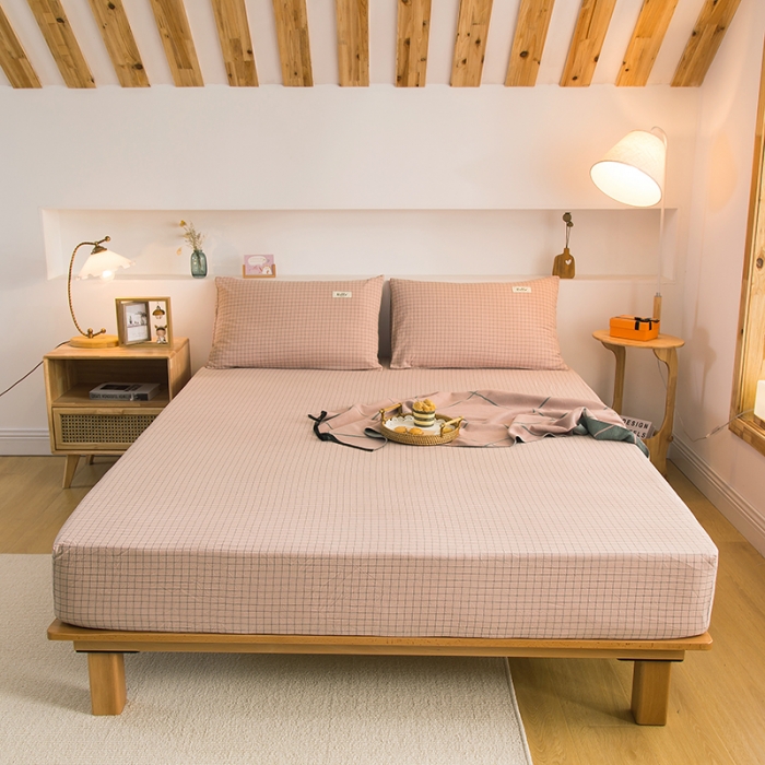 91家纺网 家纺一手货源 找家纺 柠萌家居 2023新款全棉色织水洗棉单床笠 豆沙小格