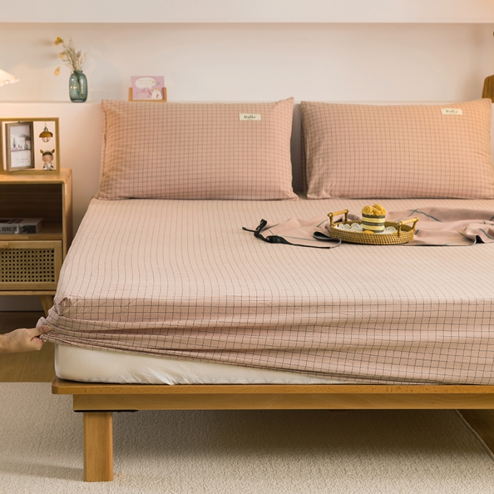 91家纺网 家纺一手货源 找家纺 柠萌家居 2023新款全棉色织水洗棉单床笠 豆沙小格