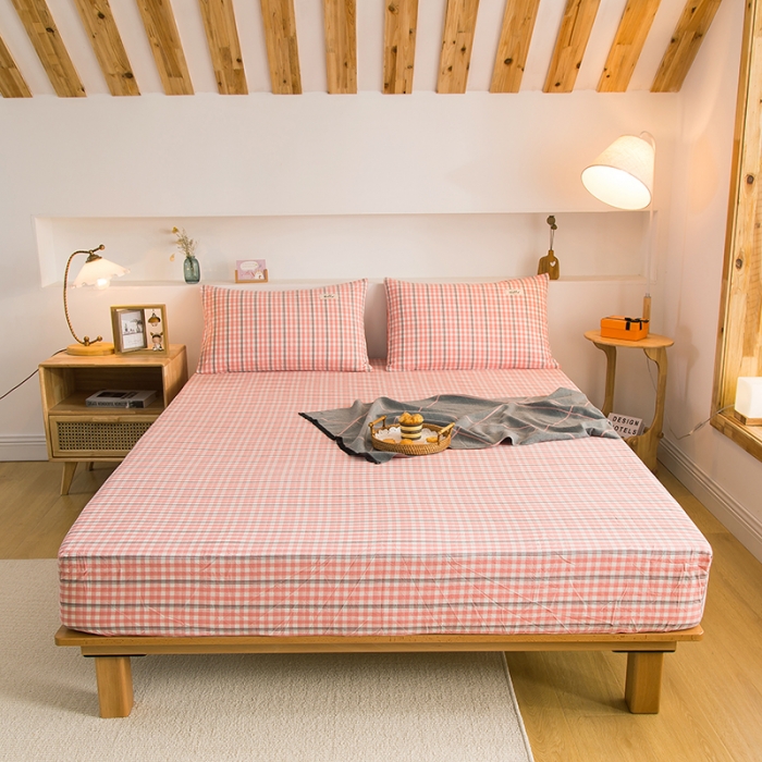 91家纺网 家纺一手货源 找家纺 柠萌家居 2023新款全棉色织水洗棉单床笠 粉灰小格