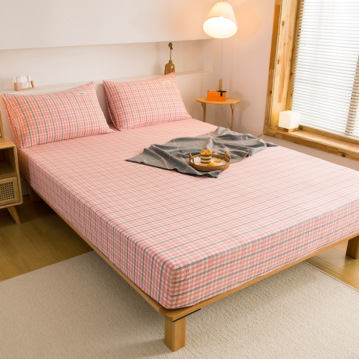 91家纺网 家纺一手货源 找家纺 柠萌家居 2023新款全棉色织水洗棉单床笠 粉灰小格