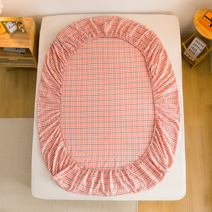 91家纺网 家纺一手货源 找家纺 柠萌家居 2023新款全棉色织水洗棉单床笠 粉灰小格