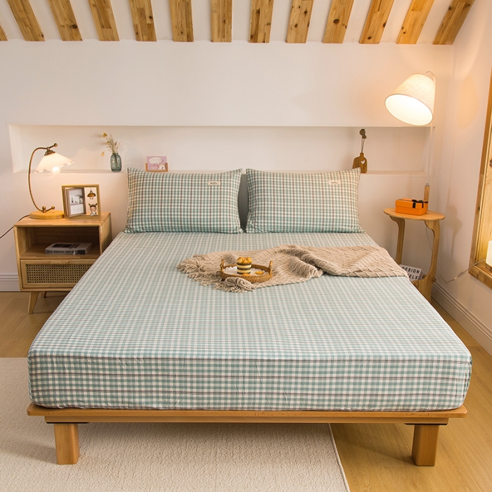 91家纺网 家纺一手货源 找家纺 柠萌家居 2023新款全棉色织水洗棉单床笠 海蓝小格