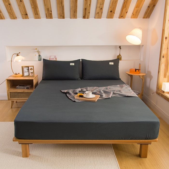 91家纺网 家纺一手货源 找家纺 柠萌家居 2023新款全棉色织水洗棉单床笠 黑灰