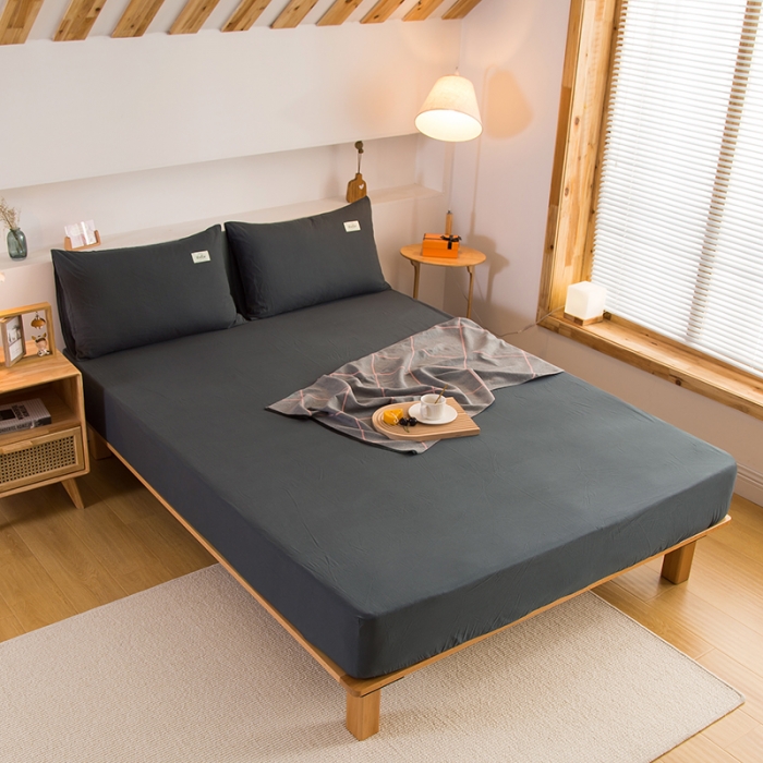 91家纺网 家纺一手货源 找家纺 柠萌家居 2023新款全棉色织水洗棉单床笠 黑灰