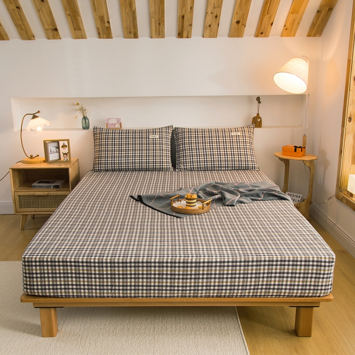 91家纺网 家纺一手货源 找家纺 柠萌家居 2023新款全棉色织水洗棉单床笠 灰黄小格