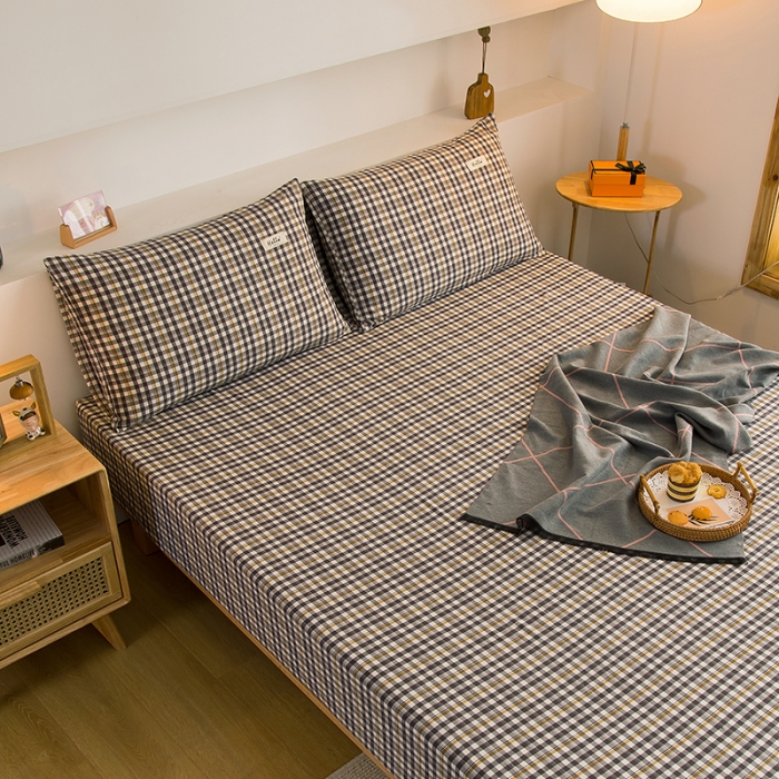 91家纺网 家纺一手货源 找家纺 柠萌家居 2023新款全棉色织水洗棉单床笠 灰黄小格