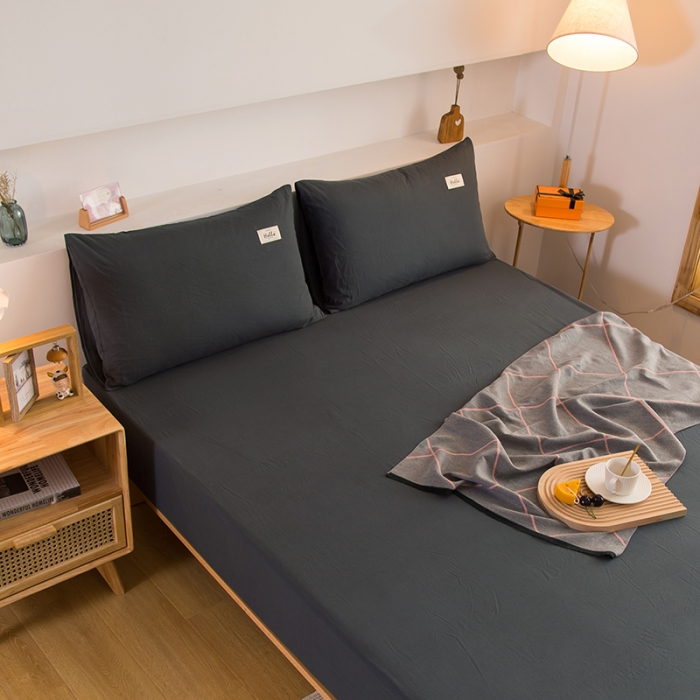 91家纺网 家纺一手货源 找家纺 柠萌家居 2023新款全棉色织水洗棉单床笠 黑灰