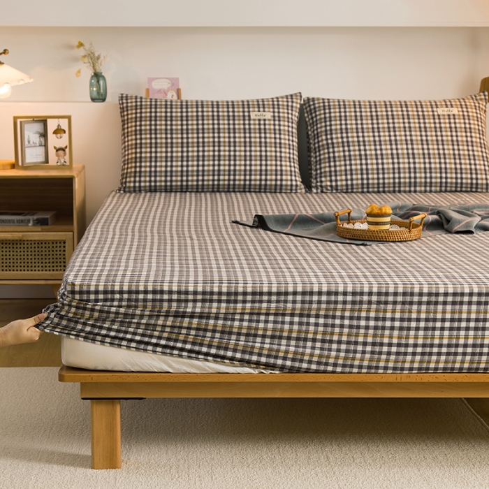 91家纺网 家纺一手货源 找家纺 柠萌家居 2023新款全棉色织水洗棉单床笠 灰黄小格