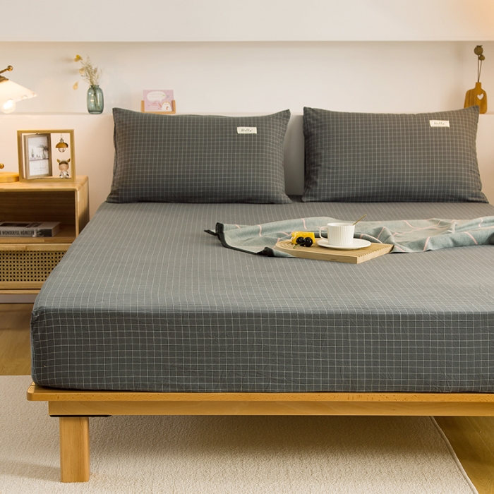 91家纺网 家纺一手货源 找家纺 柠萌家居 2023新款全棉色织水洗棉单床笠 灰小格