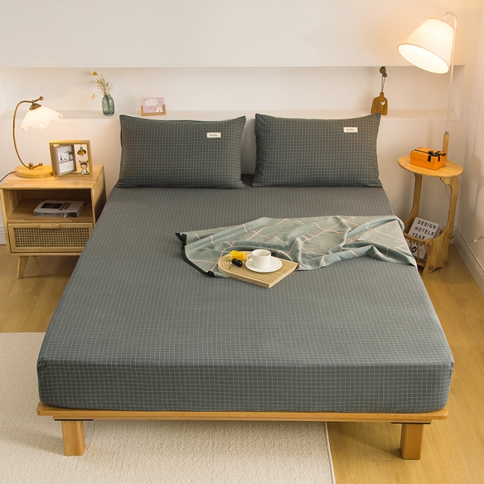 91家纺网 家纺一手货源 找家纺 柠萌家居 2023新款全棉色织水洗棉单床笠 灰小格