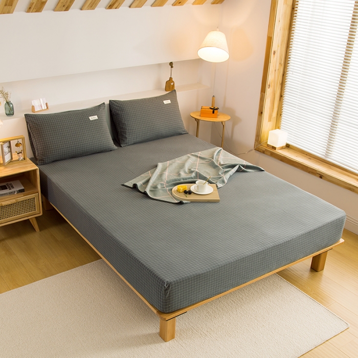 91家纺网 家纺一手货源 找家纺 柠萌家居 2023新款全棉色织水洗棉单床笠 灰小格