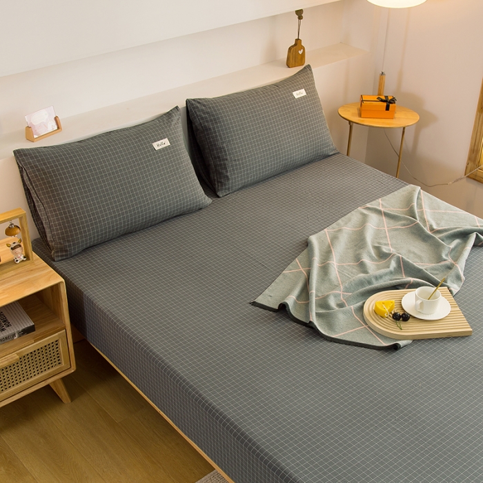 91家纺网 家纺一手货源 找家纺 柠萌家居 2023新款全棉色织水洗棉单床笠 灰小格