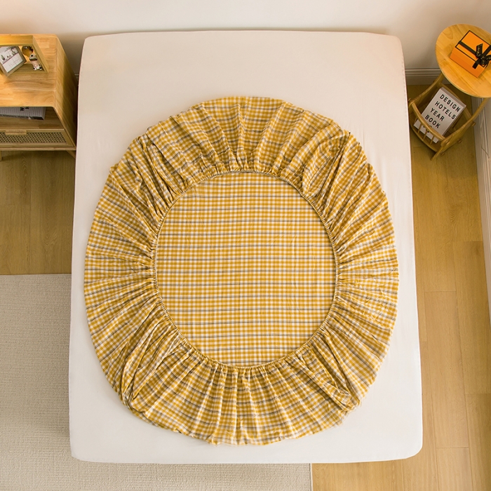 91家纺网 家纺一手货源 找家纺 柠萌家居 2023新款全棉色织水洗棉单床笠 姜黄小格