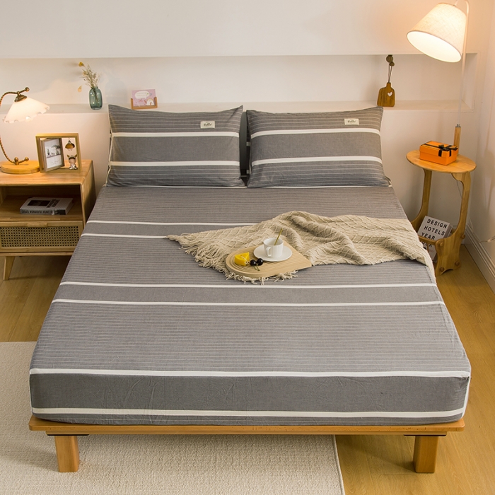 91家纺网 家纺一手货源 找家纺 柠萌家居 2023新款全棉色织水洗棉单床笠 宽双线冷灰