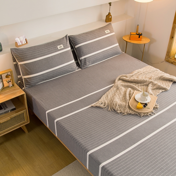 91家纺网 家纺一手货源 找家纺 柠萌家居 2023新款全棉色织水洗棉单床笠 宽双线冷灰