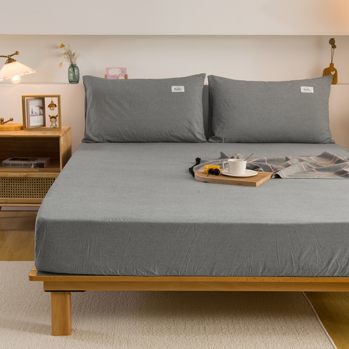 91家纺网 家纺一手货源 找家纺 柠萌家居 2023新款全棉色织水洗棉单床笠 冷灰