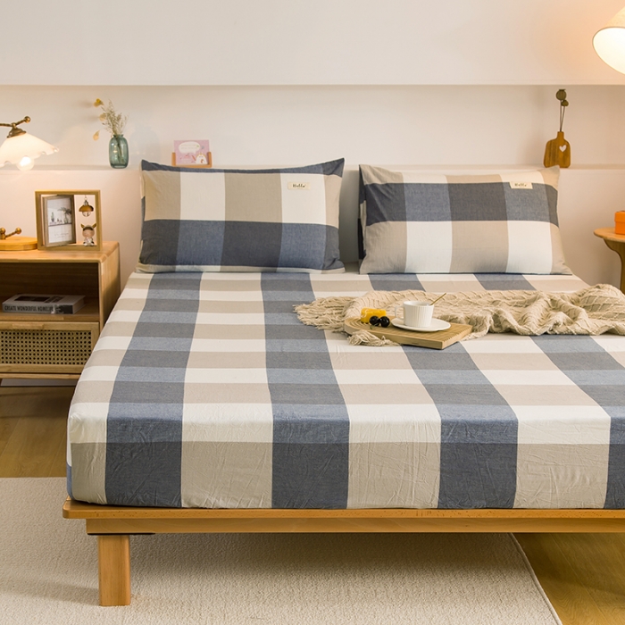 91家纺网 家纺一手货源 找家纺 柠萌家居 2023新款全棉色织水洗棉单床笠 蓝大格