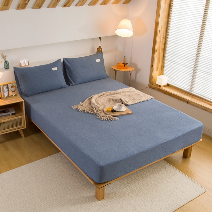 91家纺网 家纺一手货源 找家纺 柠萌家居 2023新款全棉色织水洗棉单床笠 牛仔蓝