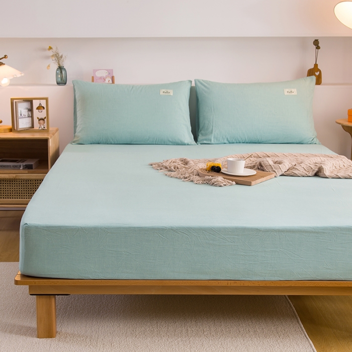 91家纺网 家纺一手货源 找家纺 柠萌家居 2023新款全棉色织水洗棉单床笠 浅绿