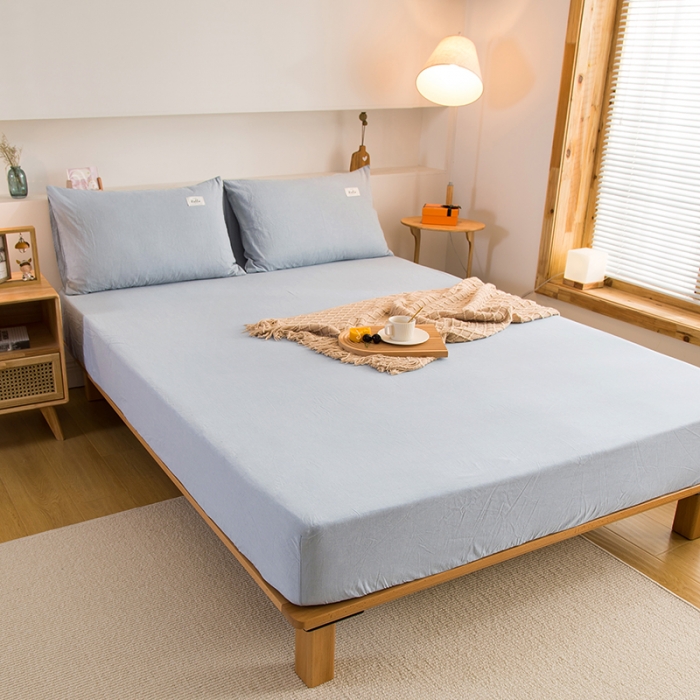 91家纺网 家纺一手货源 找家纺 柠萌家居 2023新款全棉色织水洗棉单床笠 浅水蓝